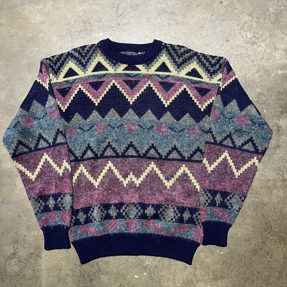 Vintage 80s Navy Pattern Mohair-Like Acrylic Sweater - Picture 1 of 3